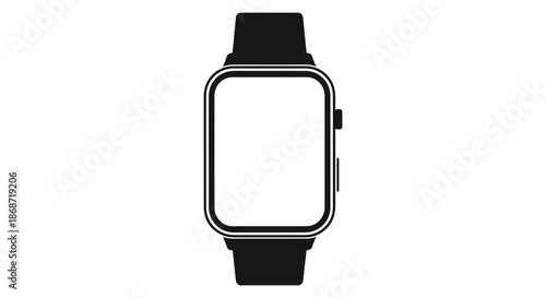 A minimalist depiction of a modern smartwatch with a black band presented as a silhouette