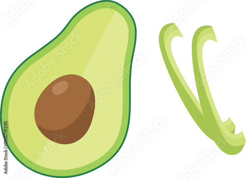 Illustration of a halved avocado with pit and two green leaves on a clean white background with a simple composition.