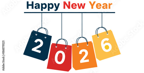 Colorful shopping bags forming the numerical year two thousand twenty six create a happy new year graphic design for festive holiday retail promotions