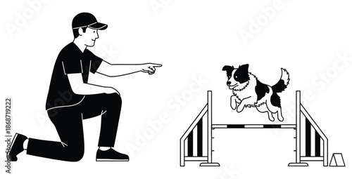 Trainer kneeling and pointing while energetic border collie dog successfully jumps over a hurdle during a demanding dog agility competition training session outdoors.