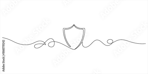 Minimalist continuous line art drawing of a shield symbol for protection and security Vector, illustration