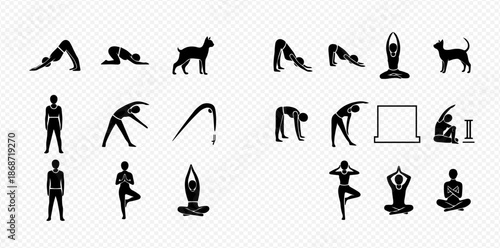 Set of various yoga poses and fitness exercises in black silhouette icons on a transparent background.