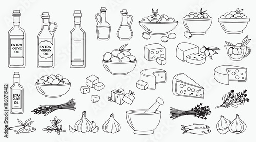 Mediterranean Pantry Ingredients and Healthy Organic Food Line Art