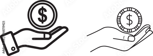Hand holding dollar coin line art icon. Finance, investment, and money concept vector illustration eps