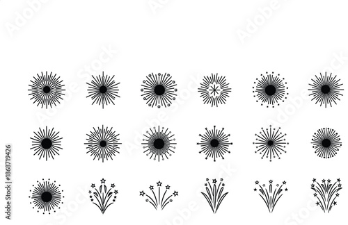 Collection of nineteen distinct black and white graphic elements representing stylized starbursts sunbursts and fireworks explosions perfect for celebratory designs and abstract art