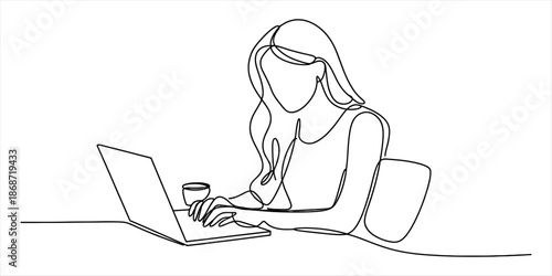 Continuous line drawing of a woman working remotely on a laptop with a coffee cup Vector, illustration