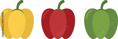 Flat lay of three colorful bell peppers in yellow, red, and green against a clean white background.