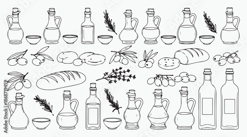 Olive Oil Vinegar Bottles and Fresh Bakery Bread Line Art Set