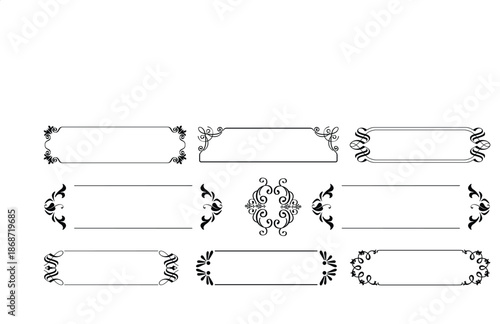Collection of elegant black and white ornamental design elements featuring various rectangular banner shapes perfect for certificates invitations or luxurious graphic layouts