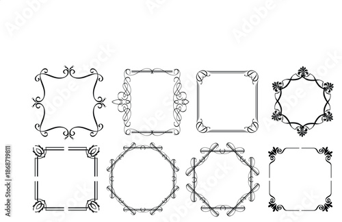 Collection of eight elegant black and white decorative ornamental vector frames featuring baroque swirls flourishes and vintage scrollwork designs perfect for certificates or invitations