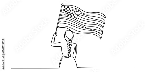 One line drawing of a person from behind holding up the american flag on a pole Vector, illustration