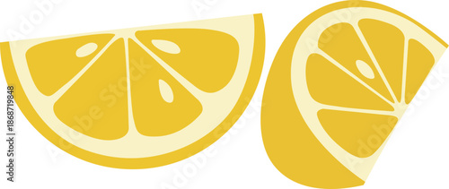 Flat lay of two yellow lemon wedges on a white background, showcasing their cross-sections with a simple and minimalist composition.