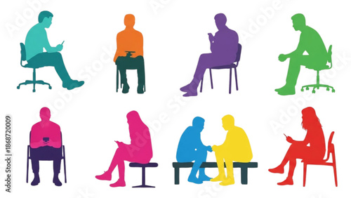 Diverse group of people sitting on various chairs and benches in a relaxed environment
