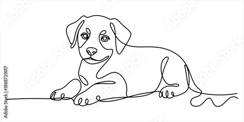 Continuous line drawing of a small puppy lying down on a white background Vector, illustration