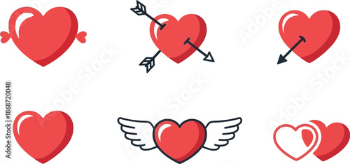 A collection of beautifully designed vibrant red heart icons featuring Cupid's arrow wings and loving couple representations for romance design elements