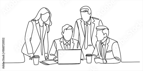 Continuous line art drawing of a team meeting with four business professionals collaborating at a table Vector, illustration