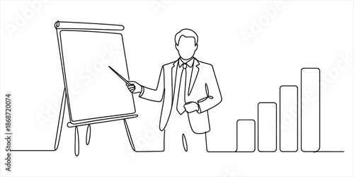 Continuous line drawing of a businessman presenting financial growth data on a flip chart Vector, illustration