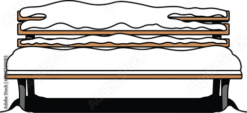 Simple illustration of a wooden park bench completely covered with a thick blanket of freshly fallen white snow against a stark white background suggesting a cold winter season outdoors.