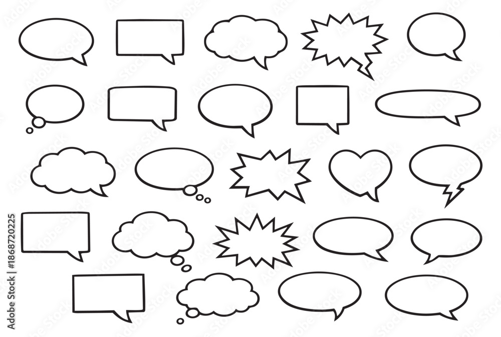 Fototapeta premium Line art speech bubble set featuring various shapes and styles for communication design