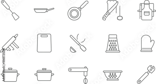 Collection of black line art icons representing various essential kitchen utensils and cooking tools arranged neatly for graphic design projects or culinary presentations needing simple outlines.