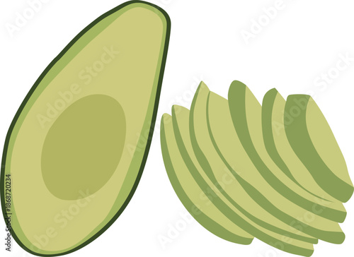 Illustration of a halved avocado and sliced avocado pieces on a white background in a flat graphic style.