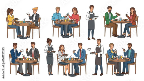 People dining at tables being served by waiters in a restaurant setting