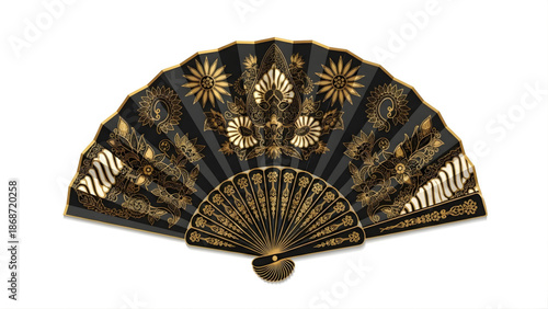 Intricate black and gold fan, a symbol of elegance and artistry, adorned with detailed patterns and motifs, evoking a sense of vintage charm and sophistication