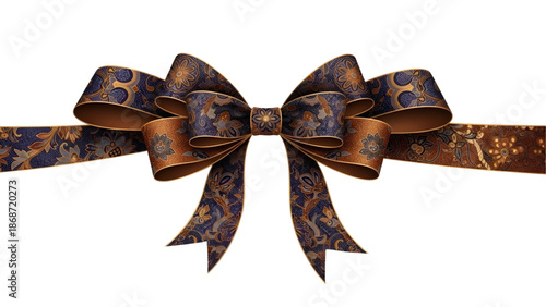 Luxurious patterned ribbon bow in deep blue and shimmering gold, designed for elegant gift presentations and festive adornments, isolated object