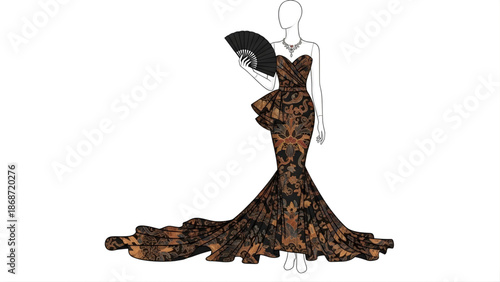 Elegant fashion illustration of a sophisticated woman in a luxurious, richly patterned gown with a flowing train, holding a decorative fan, embodying haute couture and timeless style