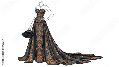 Detailed fashion illustration of an elegant strapless evening gown featuring a sweeping train and luxurious, ornate patterned fabric, ideal for formal wear designs