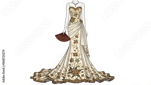 Elegant Strapless Gown with Intricate Floral Embroidery and Detachable Train