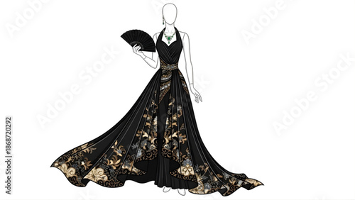 Exquisite Black Gown with Golden Floral Embellishments and Fan Detail