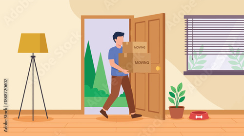 Person Moving Into New House With Cardboard Boxes Illustration