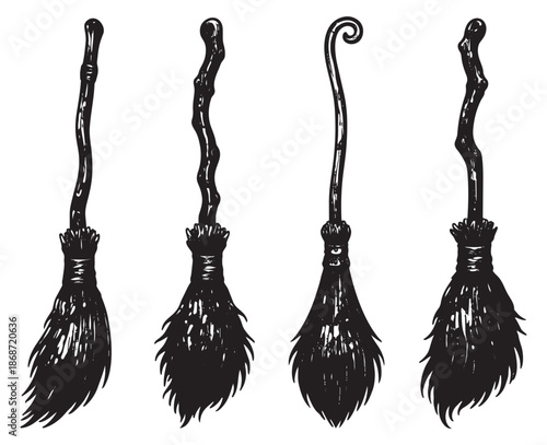 Hand drawn line art witch broom set featuring different spooky broomsticks for Halloween design