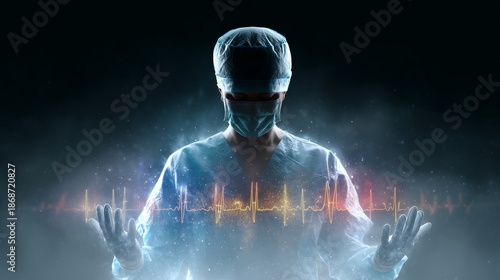 Trauma surgeon monitors ekg lines in high-tech operating room a dramatic viewpoint