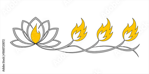 Stylized line art of a lotus flower with a flame and a flowing chain of three additional flames Vector, illustration