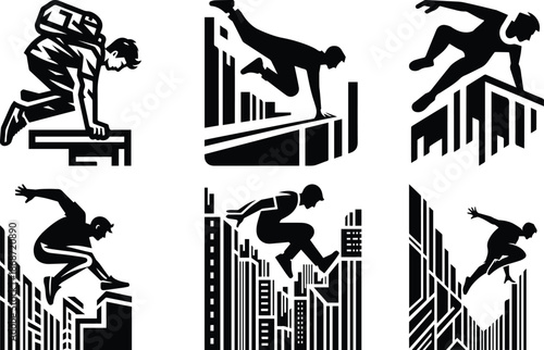 Person doing parkour on city ledges bundle silhouette icon vector art illustration