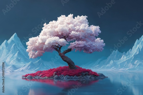 Surreal landscape features twisted bonsai tree ethereal mountains reflective lake fantasy setting