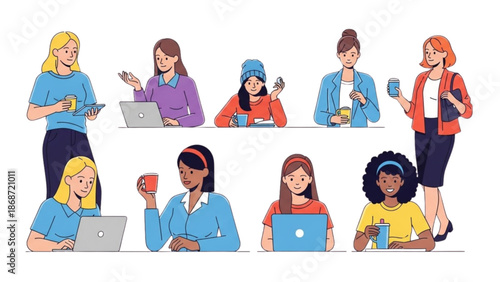 Diverse group of people working on laptops and using various devices in a modern collaborative environment from a front viewpoint