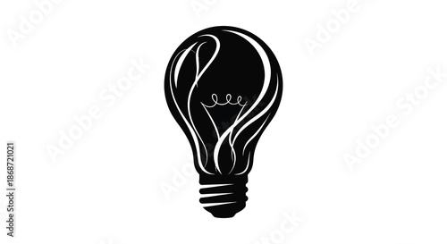 A striking black and white illustration of a light bulb with flowing lines a bold silhouette
