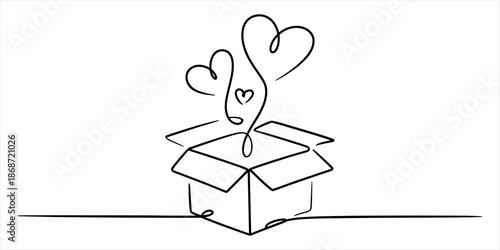Continuous line drawing of hearts emerging from an open box symbolizing love and surprise Vector, illustration