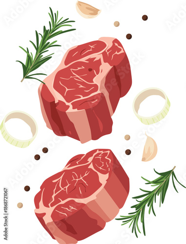 Flat lay illustration of two raw steaks with rosemary, peppercorns, and onion slices on a white background.