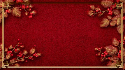 Rich red background with golden frame and ornate branches with red berries for decorative design