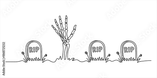 One continuous line drawing of a skeleton hand rising from a spooky cemetery with gravestones Vector, illustration
