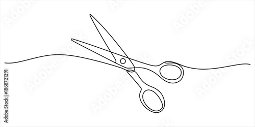 Minimalist continuous line drawing of a pair of open scissors cutting through a wavy line Vector, illustration