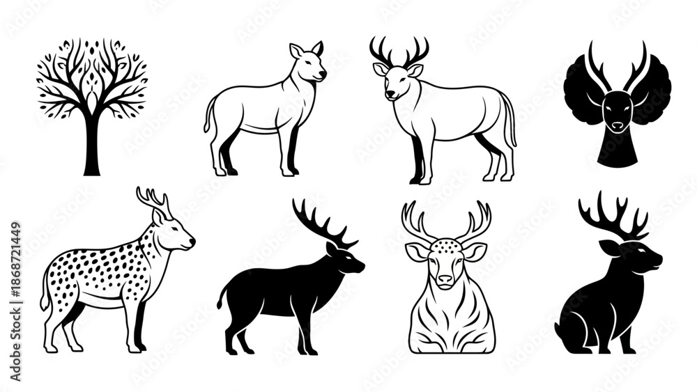 Fototapeta premium Vector set of wild and farm animals featuring black silhouette illustrations of a horse, elephant, deer, and wolf in a nature-inspired design collection