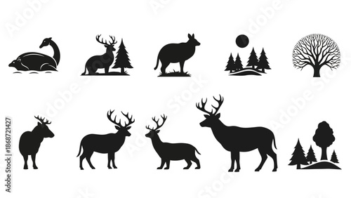 Set of black vector silhouettes featuring a collection of wild and farm animals including deer, horses, dogs, and wildlife icons for nature illustrations