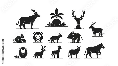 A comprehensive collection of wild animal vector silhouettes featuring a black deer set alongside various nature-inspired mammal illustrations like wolves, elephants, and tigers for wildlife design