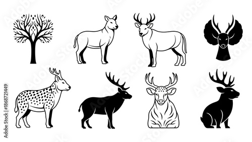 Vector set of wild and farm animals featuring black silhouette illustrations of a horse, elephant, deer, and wolf in a nature-inspired design collection