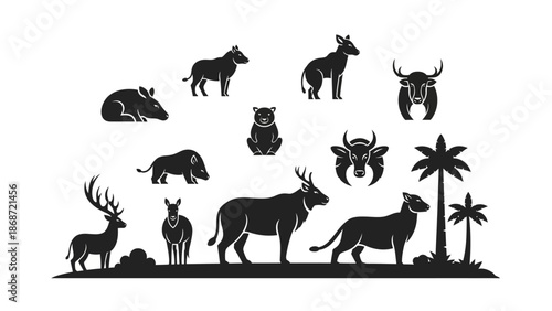 A wild animals collection of black vector silhouettes featuring a running horse, deer, wolf, and tiger among a nature-inspired mammal illustration